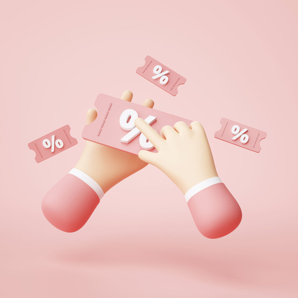 Hand holding Discount voucher percentage online shopping symbol icon cartoon 3d rendering